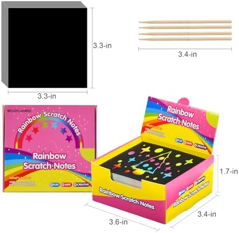 Black coated scratch-off note sheets revealing bright rainbow colors underneath with wooden stylus