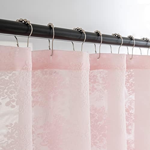 Close up view of the intricate knitted leaf and floral lace pattern on the TUDECO bathroom curtain