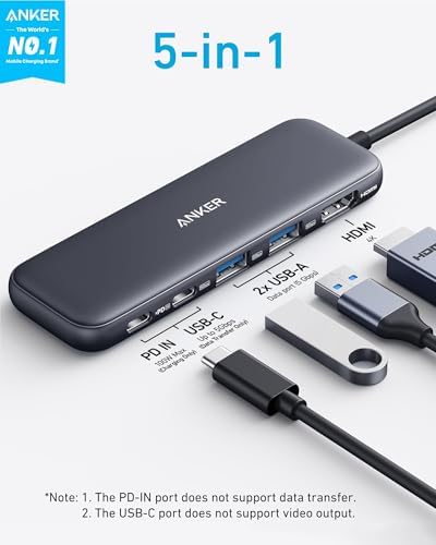 Anker 5-in-1 Type C hub showing the 4K HDMI port and Power Delivery input
