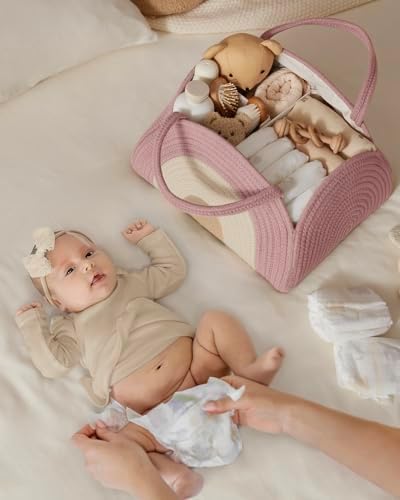 Blissful Diary large storage basket for newborns loaded with diapers and wipes.