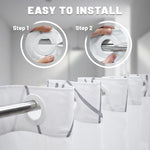 Hotel style shower curtain with sheer mesh top panel view