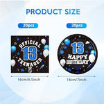 DURYGEN black and blue 13th birthday party paper plates displaying spaceship and balloon illustrations close up view