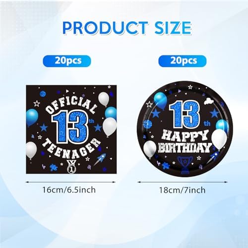 DURYGEN black and blue 13th birthday party paper plates displaying spaceship and balloon illustrations close up view