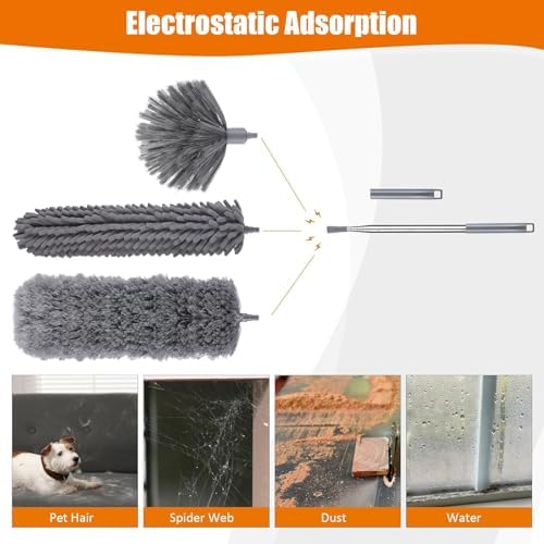 4 Pcs Microfiber Cobweb Duster with 100-inch Extendable Pole, Washable and Reusable Feather Cleaning Duster Kit with 3 Duster Heads,Dusters for Cleaning with Telescopic Pole for High Ceiling Fan - Image 4