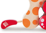 Authentic USA imported Hape walk along puppy toy standing upright demonstrating the sit stand and roll features