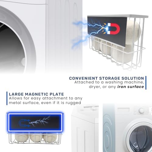 Junlynest space saving laundry room storage basket mounted vertically holding multiple dryer accessories.