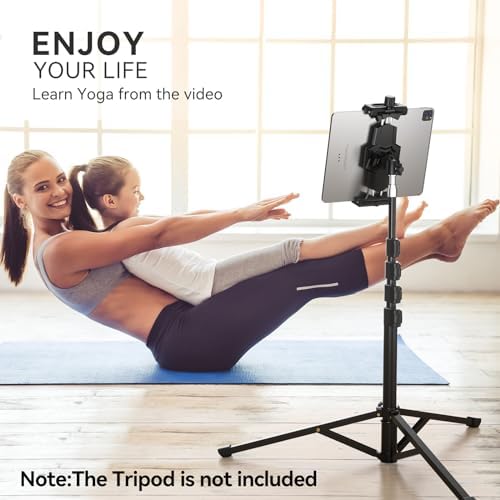 Close-up of the heavy-duty spring arms on the KDD iPad tripod adapter holding a premium device.