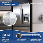Yadool ceramic sealant spray being applied to a modern kitchen stainless steel refrigerator door.