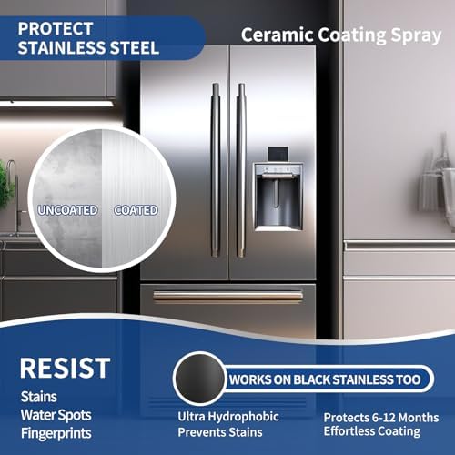 Yadool ceramic sealant spray being applied to a modern kitchen stainless steel refrigerator door.