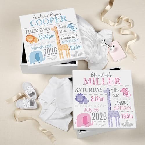 Custom baby keepsake box with blue and gray animal theme