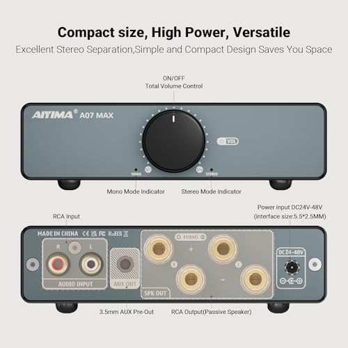 AIYIMA A07 MAX desktop stereo amplifier rear panel connection terminals.