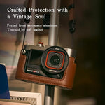 Insta360 Ace Pro 2 accessory bundle highlighting the vintage leather carrying strap attached to the protective metal frame.