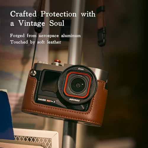 Insta360 Ace Pro 2 accessory bundle highlighting the vintage leather carrying strap attached to the protective metal frame.