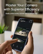Eufy smart floodlight camera illuminating a dark backyard with two thousand lumens of full-color night vision