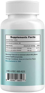 Heivy pure salt pills 365 count supplement packaging showing product benefits