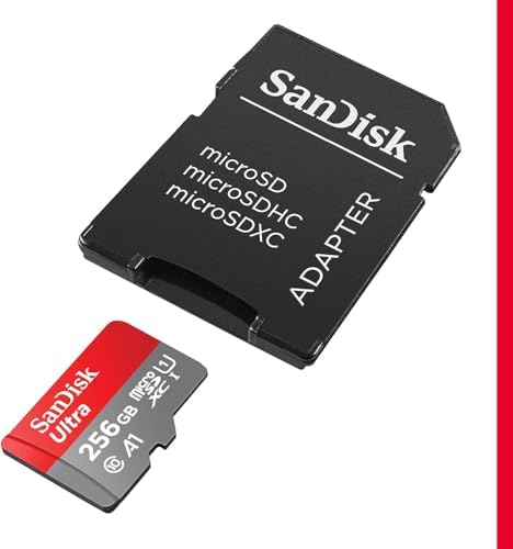 SanDisk 256GB MicroSDXC card inserted into the included black full-sized SD adapter.