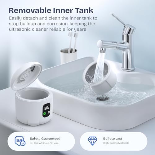 Compact travel friendly retainer cleaning machine alongside clear dental aligners and rings