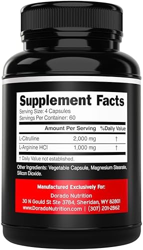 Dorado Nutrition nitric oxide booster 240 capsules label details
