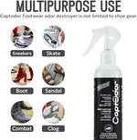 Athlete using Captodor spray on sports sneakers to eliminate smell