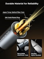 Close up of Warrky optical cable metal alloy housing and plug