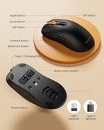 Close up shot of the underside power switch and device selection button on the ProtoArc mouse.