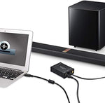 LiNKFOR external sound card demonstrating the analog RCA and 3.5mm headphone jack ports