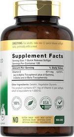 Carlyle Vitamin E supplement facts panel showing mixed tocopherols ingredients