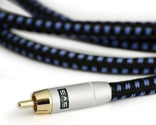 SVS SoundPath premium subwoofer cable close up highlighting the black and blue cotton braided jacket