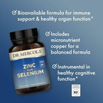 Close up of genuine Dr. Mercola zinc copper and selenium capsules for daily antioxidant health