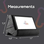 Flippy multi angle lap stand showing built in storage pocket with charging cords and earbuds