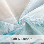 MAYZUS teal blue ocean waves fabric curtain styled in a modern apartment bathroom layout.