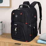 SHRRADOO 50L backpack side profile highlighting the external USB charging port and water bottle pocket.