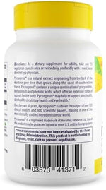Sixty vegetarian capsules bottle of Healthy Origins Pycnogenol 100 mg showing non-GMO seals