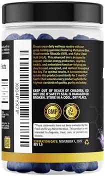 Back label of Earth Elixir 3 In 1 Methylene Blue Gummies