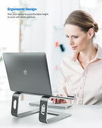 Ergonomic aluminum laptop riser showing the six inch screen elevation for neck strain relief.