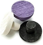 Oceans Wonders large purple coral frag plugs arranged on a surface showing the base and crown dimensions