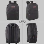 Top angle view highlighting the durable web handle of the Trail Maker black bookbag.