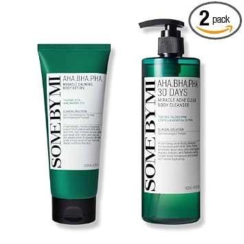 Some By Mi AHA BHA PHA Miracle body care set front view featuring cleanser and lotion for body acne treatment.