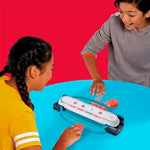 Close up view of the Hasbro Hypershot electronic scoring unit with illuminated red and blue target lights.