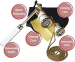 Elegant red metal pocket binoculars for indoor cinema and concert viewing