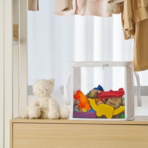 Two white Holay storage bins displayed side by side on a modern playroom shelf for kids block storage.