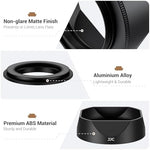 Side profile of JJC square metal hood mounted on Fujifilm camera