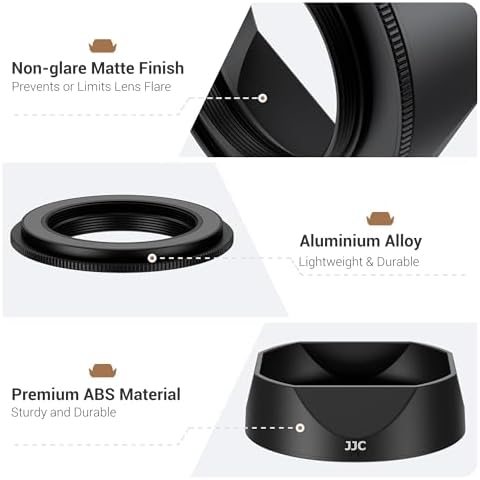 Side profile of JJC square metal hood mounted on Fujifilm camera