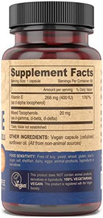 Side view of DEVA Vegan Vitamin E bottle detailing soy free and non GMO sunflower source icons