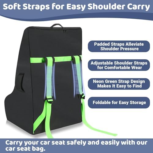 Two luggage tags attached to Sublaga car seat travel bag