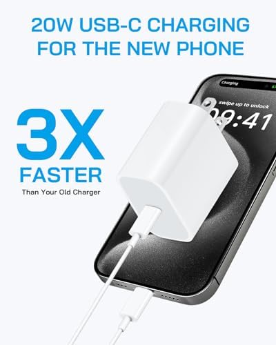 Three white 20W power adapters neatly aligned next to bundled six feet charging cords