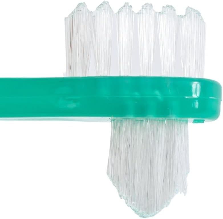 Two sided manual dental hygiene brush detailing flat and tapered sides for complete stain removal.