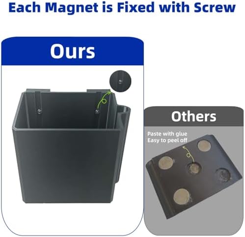 Side angle of the black magnetic truck bed bottle holder mounted securely on a vertical ferrous metal wall.