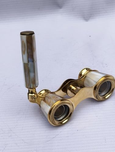 Top angle view of the twenty-five millimeter glass objective lenses and polished brass framing of the Victorian binoculars.