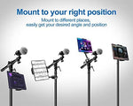 Side mount iPad music stand holder for microphone attached securely to a standard vertical microphone stand pole.